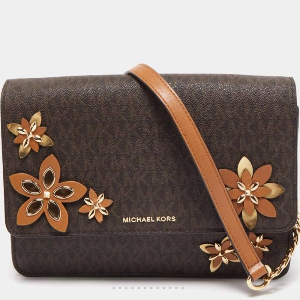 Michael Kors Brown Signature Coated Canvas & Leather Floral Daniela Shoulder Bag